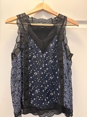 Navy Lace-Trim Sleeveless Blouse